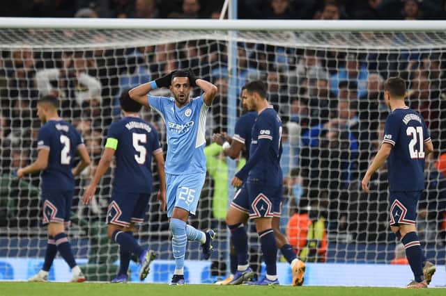 Riyad Mahrez reacts to missing a shot against PSG. Credit: Getty.