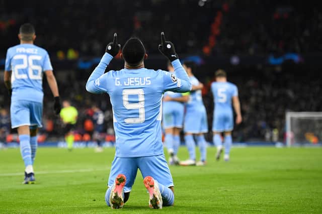 <p>Gabriel Jesus celebrates his goal at the Etihad as Manchester City beat Paris Saint-Germain 2-1. Credit: Getty.</p>