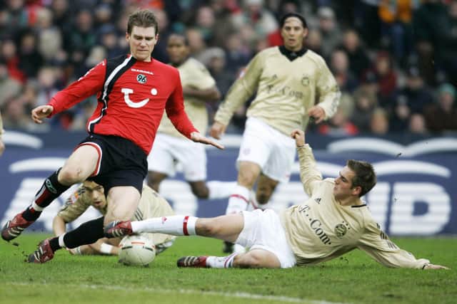 Future World Cup winning teammates Per Mertesacker and Phillip Lahm competing against each other early in their careers 