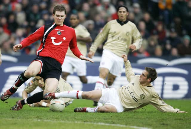 Future World Cup winning teammates Per Mertesacker and Phillip Lahm competing against each other early in their careers