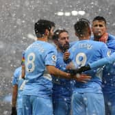 Manchester City celebrate Ilkay Gundogan’s opener against West Ham United. Credit: Getty.