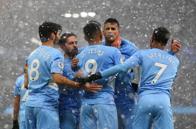 <p>Manchester City celebrate Ilkay Gundogan’s opener against West Ham United. Credit: Getty.</p>