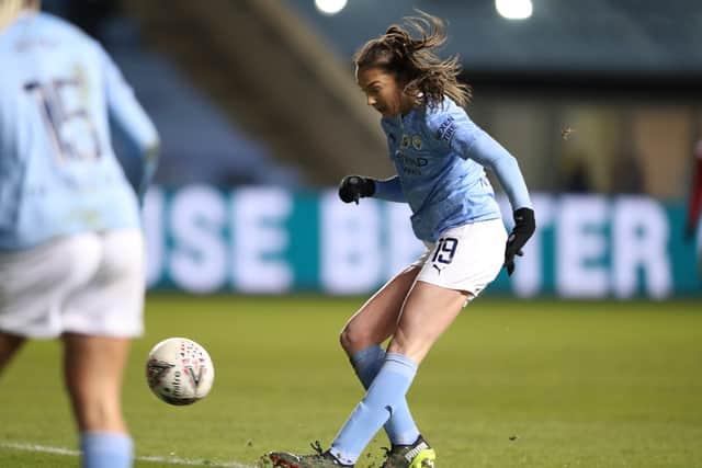 Caroline Weir could win for her audacious chipped effort against Manchester United. Credit: Getty.