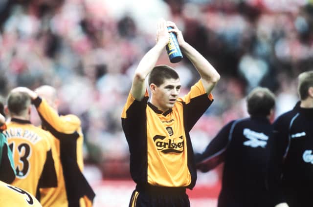 Pep Guardiola played against Steven Gerrard in 2001. Credit: Getty.