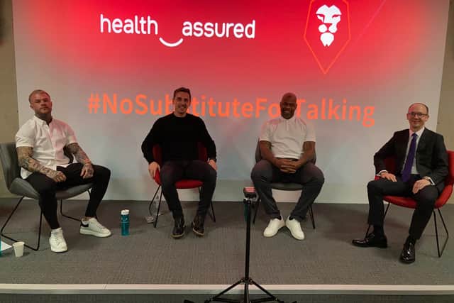 Ryan Ridgway, Gary Neville, Michael Duberry, Bertrand Stern-Gillet (Health Assured CEO) at the panel event