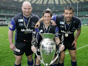 (L to R) The Sale Front Row of Stuart Turner, Andy Titterrell and Lionel Faure pose with the trophy following their team’s victory during the Guinness Premiership Final between Sale Sharks and Leicester Tigers at Twickenham on May 27, 2006 Credit: Getty