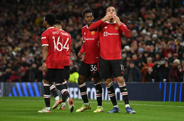 Mason Greenwood celebrates scoring for Manchester United. Credit: Getty.