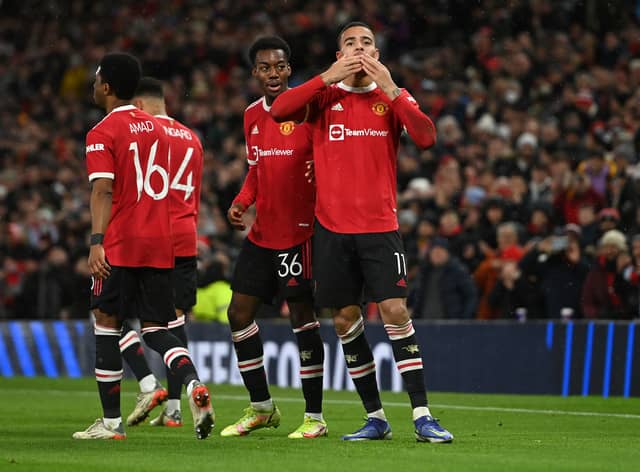 Mason Greenwood celebrates scoring for Manchester United. Credit: Getty.