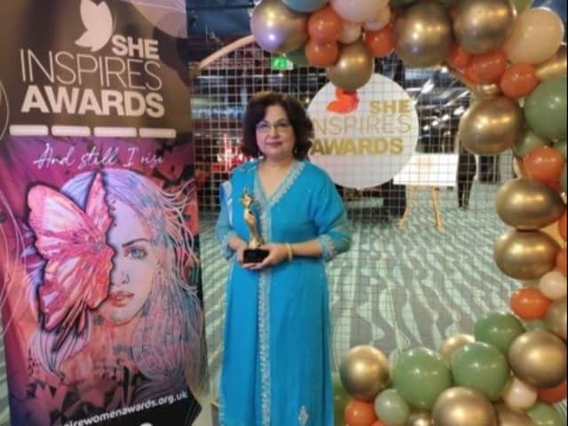 <p>Qaisra Shahraz MBE at the She Inspires Awards</p>