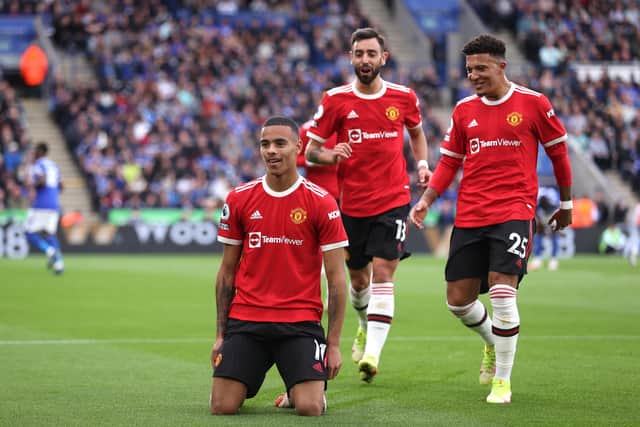 Mason Greenwood celebrates after scoring his side’ss first goal against Leicester City 