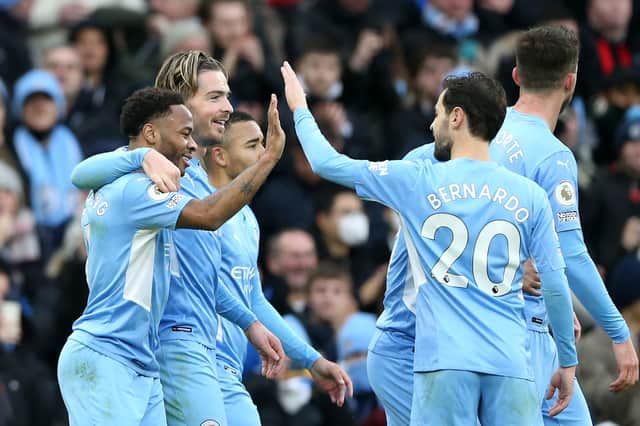 Manchester City celebrate Raheem Sterling’s goal against Wolverhampton Wanderers. Credit: Getty.