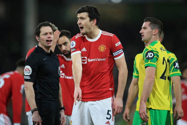 Maguire had a difficult game at Carrow Road. Credit: Getty.