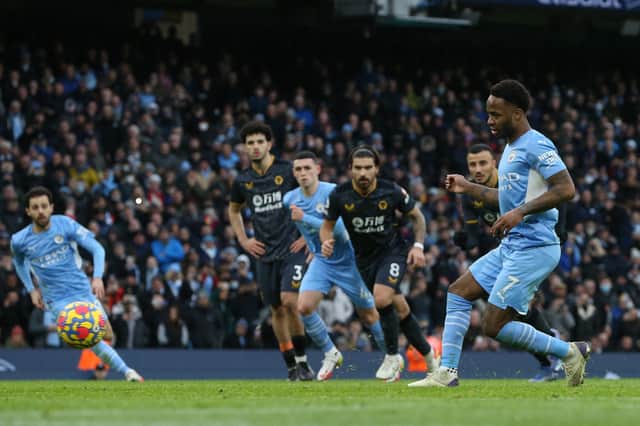Raheem Sterling scored his 100th Premier League goal in the win over Wolves. Credit: Getty.