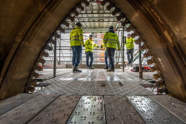 Stonemasonry experts discussing the condition of the Albert Memorial. Photo: Manchester City Council
