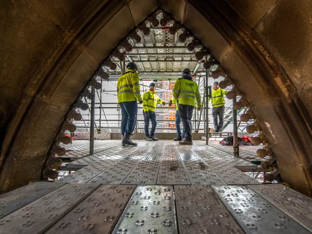 Stonemasonry experts discussing the condition of the Albert Memorial. Photo: Manchester City Council