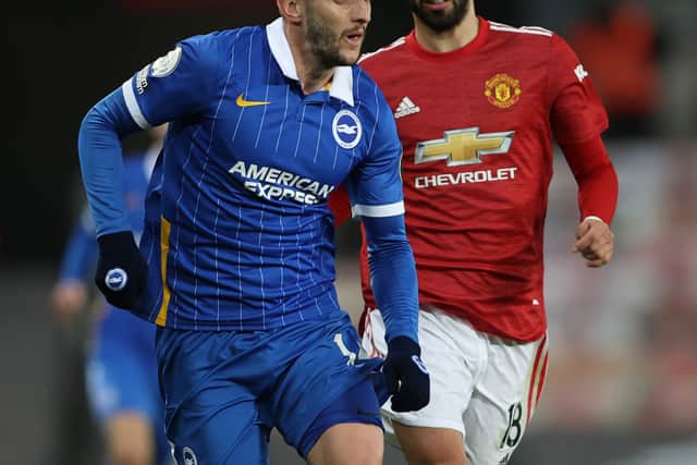 Adam Lallana of Brighton & Hove Albion and Bruno Fernandes of United in their fixture in April 2021  Credit: Getty