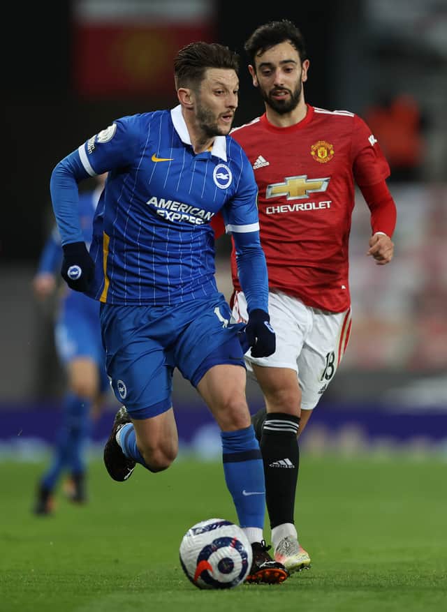 Adam Lallana of Brighton & Hove Albion and Bruno Fernandes of United in their fixture in April 2021  Credit: Getty