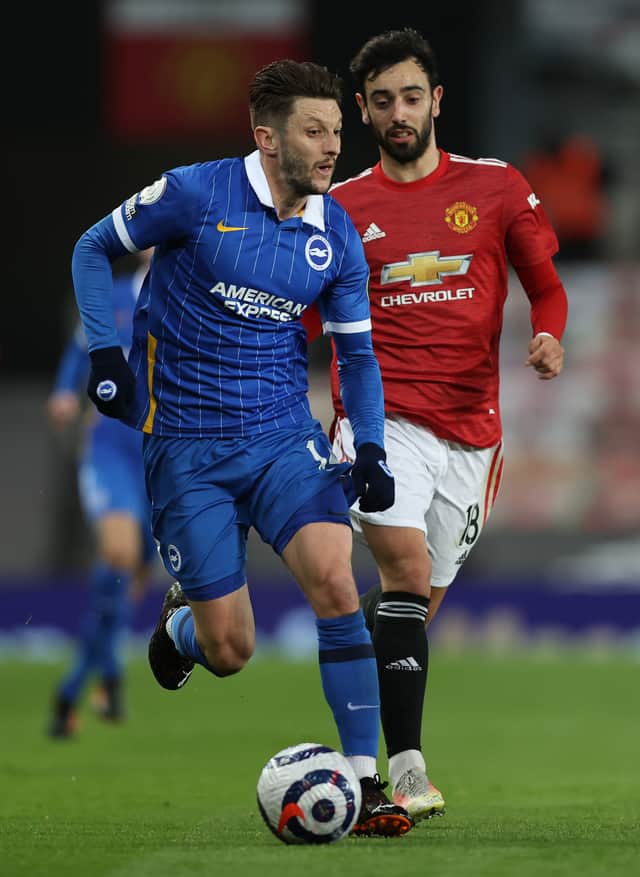 Adam Lallana of Brighton & Hove Albion and Bruno Fernandes of United in their fixture in April 2021 Credit: Getty