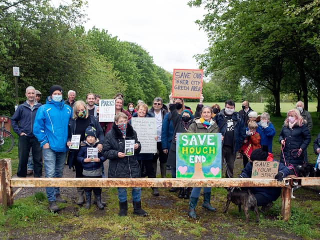 Residents at a protest organised by the Save Hough End Fields campaign
