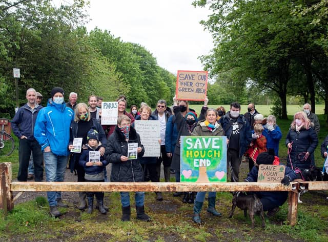 Residents at a protest organised by the Save Hough End Fields campaign