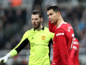 Cristiano Ronaldo of Manchester United looks dejected during the Premier League match between Newcastle United  and  Manchester United at St James' Park on December 27, 2021