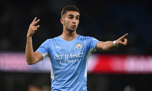 <p>Ferran Torres of Manchester City during the Carabao Cup Third Round match between Manchester City and Wycombe Wanderers F.C. at Etihad Stadium on September 21, 2021</p>