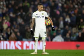 Raphinha of Leeds United prepares to take a penalty which leads to his sides first goal during the Premier League match between Leeds United  and  Arsenal at Elland Road on December 18, 2021 