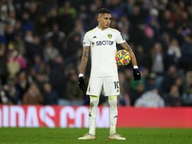 Raphinha of Leeds United prepares to take a penalty which leads to his sides first goal during the Premier League match between Leeds United  and  Arsenal at Elland Road on December 18, 2021 