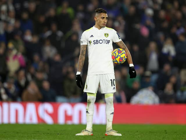 Raphinha of Leeds United prepares to take a penalty which leads to his sides first goal during the Premier League match between Leeds United  and  Arsenal at Elland Road on December 18, 2021 
