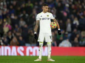 Raphinha of Leeds United prepares to take a penalty which leads to his sides first goal during the Premier League match between Leeds United  and  Arsenal at Elland Road on December 18, 2021 
