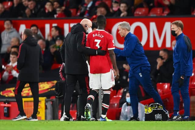 Bailly was forced to come off after 66 minutes at Old Trafford. Credit: Getty.