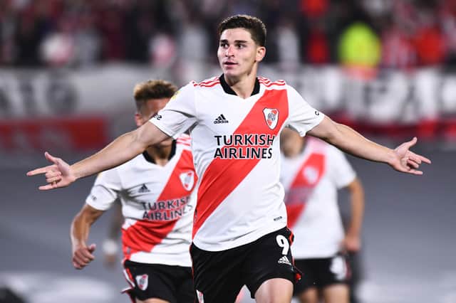Julian Alvarez of River Plate celebrates after scoring the second goal of his team during a match between River Plate and Racing Club as part of Torneo Liga Profesional 2021 at Estadio Monumental Antonio Vespucio Liberti on November 25, 2021 in Buenos Aires, Argentina