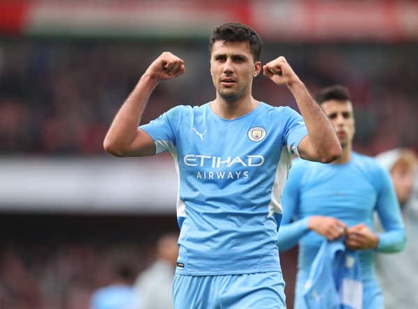 Rodri celebrates Manchester City’s win at Arsenal. Credit: Getty.