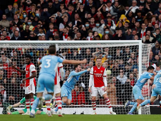 Rodri celebrates his late winner at the Emirates. Credit: Getty.