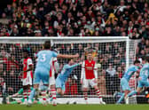 Rodri celebrates his late winner at the Emirates. Credit: Getty.