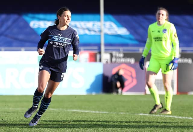 <p>Hayley Raso of Manchester City celebrates after scoring their team’s fifth goal Credit: Getty</p>
