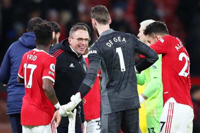 David De Gea of Manchester United in discusion with Ralf Rangnick Credit: Getty