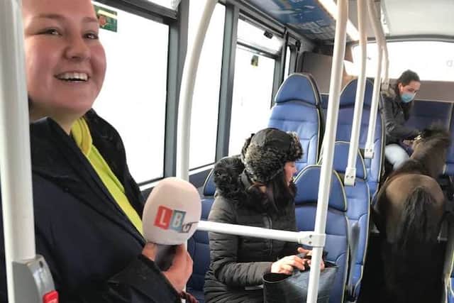 Jade Hutchinson with Colin the sheep and a Shetland pony on the bus to protest against the Clean Air Zone. Photo: Melissa Burrows