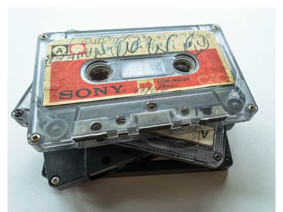 A stack of the Tape Letters cassettes bearing messages British-Pakistani families prepared for their relatives