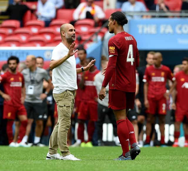 <p>Pep Guardiola rejects Virgil van Dijk’s suggestion Manchester City have been lucky. Credit: Getty.</p>