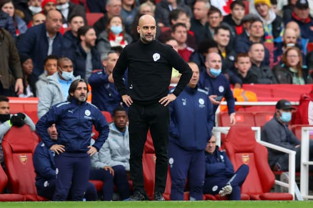 Pep Guardiola will be back in the touchline on Saturday after a recent Covid absence. Credit: Getty.