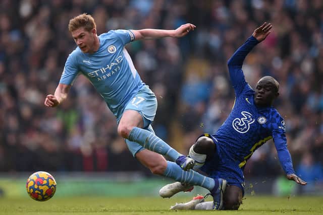 De Bruyne shrugged of Kante to score his goal against Chelsea. Credit: Getty.