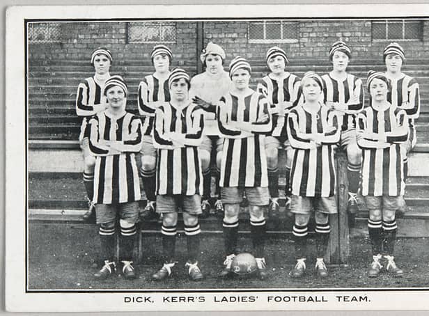 <p>A postcard of the Dick, Kerr Ladies, formed in Preston in 1917.  Courtesy of the National Football Museum</p>