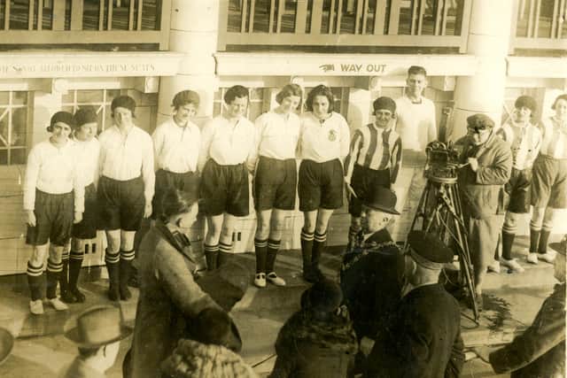 The Dick, Kerr Ladies team being filmed by Pathe News in November 1931. Photo: Lizzy Ashcroft Collection.