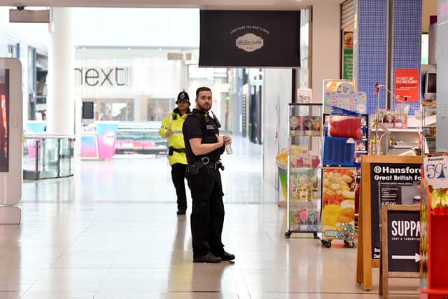 olice officers are seen inside the Arndale Centre on October 11, 2019 Credit: Getty