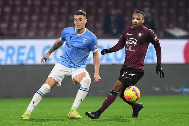 Sergej Milinkovic-Savic of SS Lazio vies with Joel Obi of US Salernitana during the Serie A match between US Salernitana and SS Lazio at Stadio Arechi