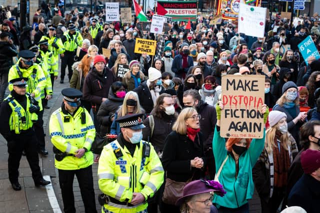 Protestors marching through Manchester city centre on the Kill The Bill national day of action. Photo: Andy Barton