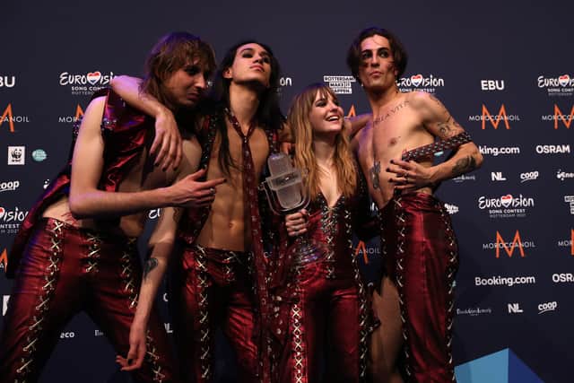 Thomas Raggi, Ethan Torchio, Victoria De Angelis and Damiano David of MÃ¥neskin from Italy receive the winning trophy for Eurovision 2021 Credit: Getty