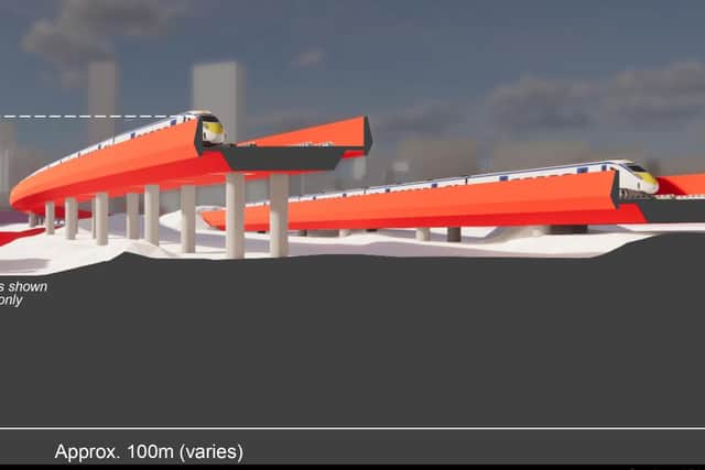 An impression of the huge concrete viaducts which could dominate parts of east Manchester if the plans for an above-ground HS2 station go ahead
