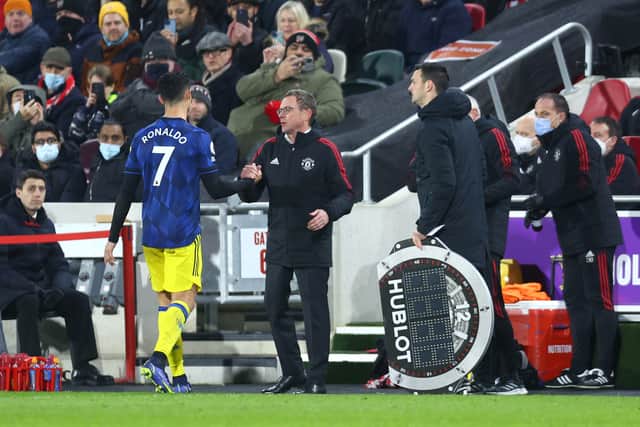 Ralg Rangnick speaks to Ronaldo as he is subbed at Brentford Credit: Getty